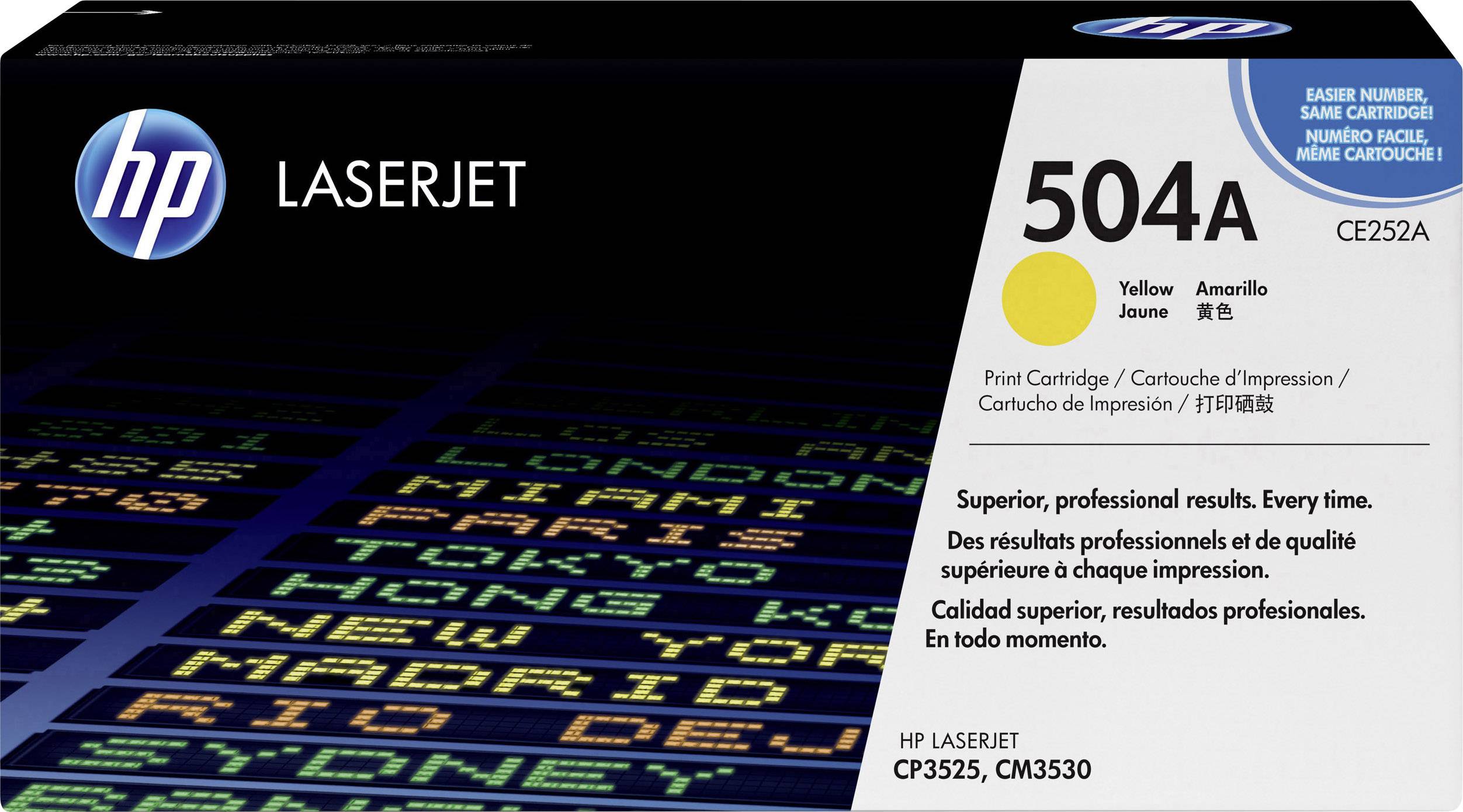 HP LaserJet 504A tintapatron (Sárga). Többnyelvű szöveggel ellátott csomag. Kompatibilis a CP3525, CM3530 modellekkel.