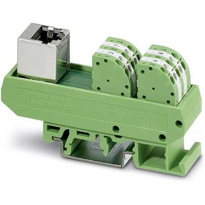 Zöld elektronikai alkatrész csatlakozókapcsokkal, amelyen a 'Típus UMK-SE 11,25-1' felirat szerepel. Moduláris szerelésre alkalmas.