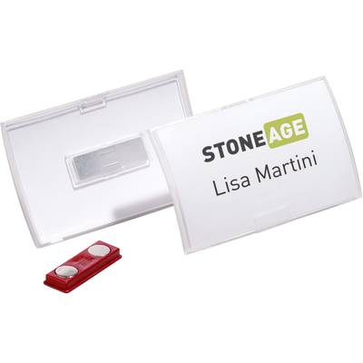 Egy névtábla 'STONEAGE Lisa Martini' felirattal, hátoldalán mágneses csipesszel a rögzítéshez.