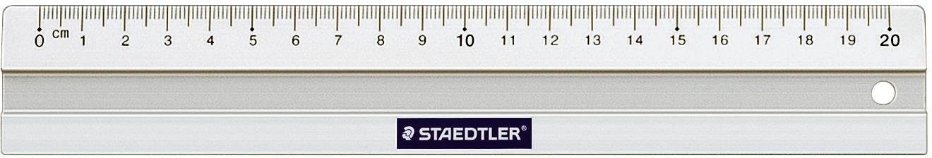 Staedtler vonalzó, 20 cm hosszú, centiméter- és milliméterbeosztással ellátva.