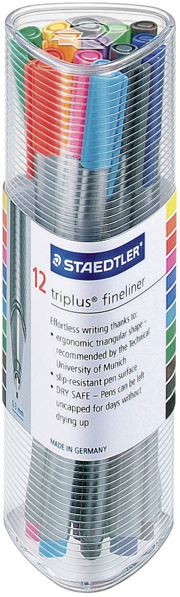 12 élénk színű Staedtler Fineliner egy átlátszó, hengeres csomagolásban. Tartalmaz olyan színeket, mint kék, piros, zöld és egyebek.