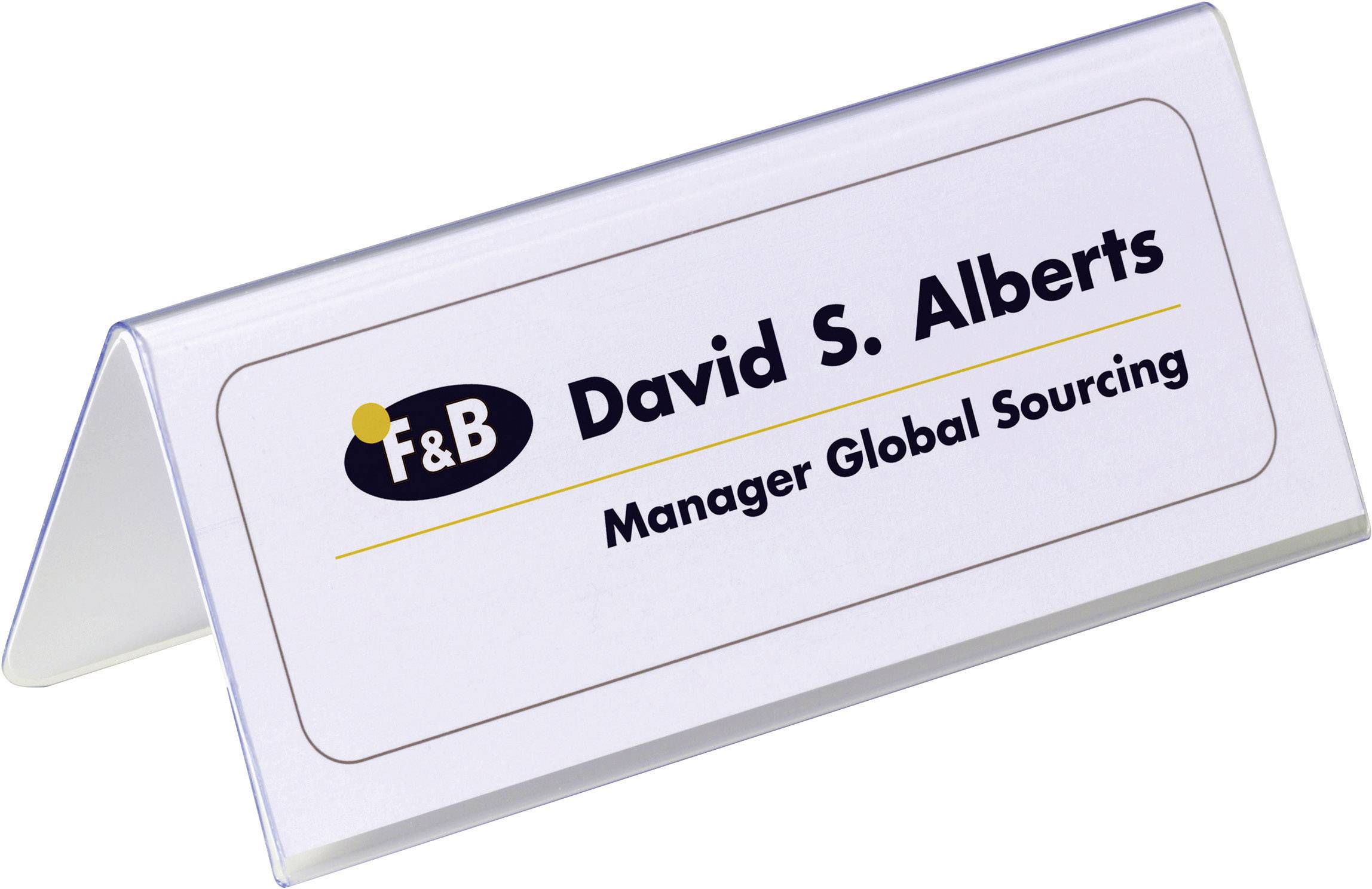 Névcímke a 'David S. Alberts, Globális Beszerzési Vezető' felirattal és az F&B logóval, egy asztalon elhelyezve.