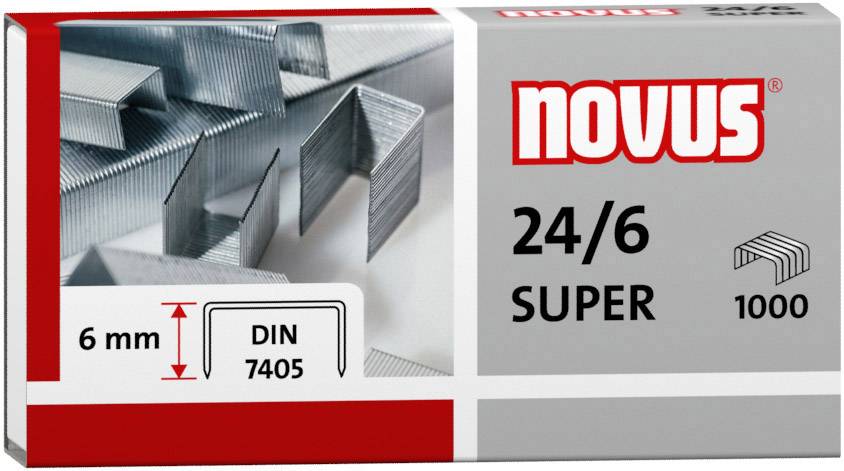 „Novus 24/6 Super" tűzőkapocs csomag mutat 1000 darab tűzőkapcsot, 6 mm hosszúságban, DIN 7405 tanúsítvánnyal.