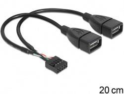 Kettős USB-kábel, 20 cm hosszú, egy 9-pólusú csatlakozóval az egyik oldalon és két USB-csatlakozóval a másik oldalon.