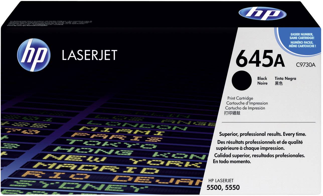 HP LaserJet 645A tonerkazetta. Fekete csomagolás kék és fehér felirattal és HP logóval.