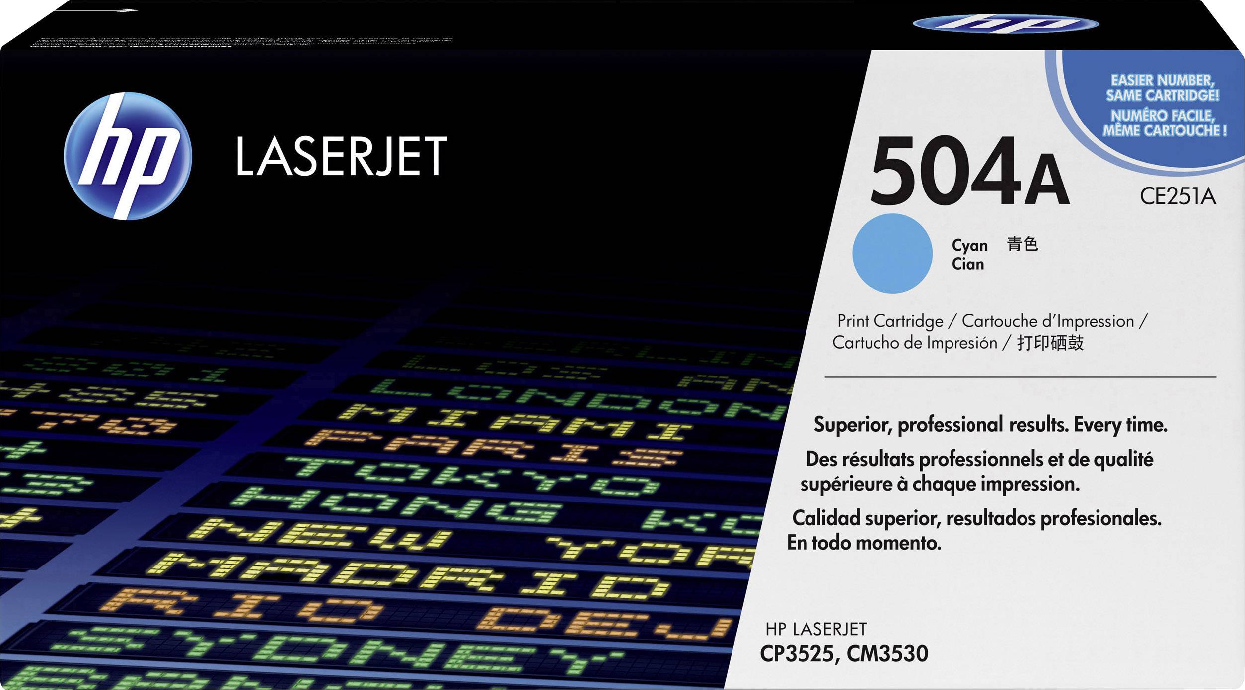 HP LaserJet 504A ciánkék festékkazetta, CE251A modell. A csomag több nyelvű szöveget tartalmaz. Kompatibilis HP CP3525 és CM3530 nyomtatókkal.