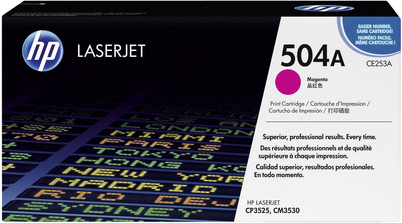 HP LaserJet 504A, Magenta tonerkazetta csomagolása. Angol, francia, spanyol, kínai és japán nyelvű szövegeket tartalmaz. Professzionális nyomtatási minőséggel rendelkezik.