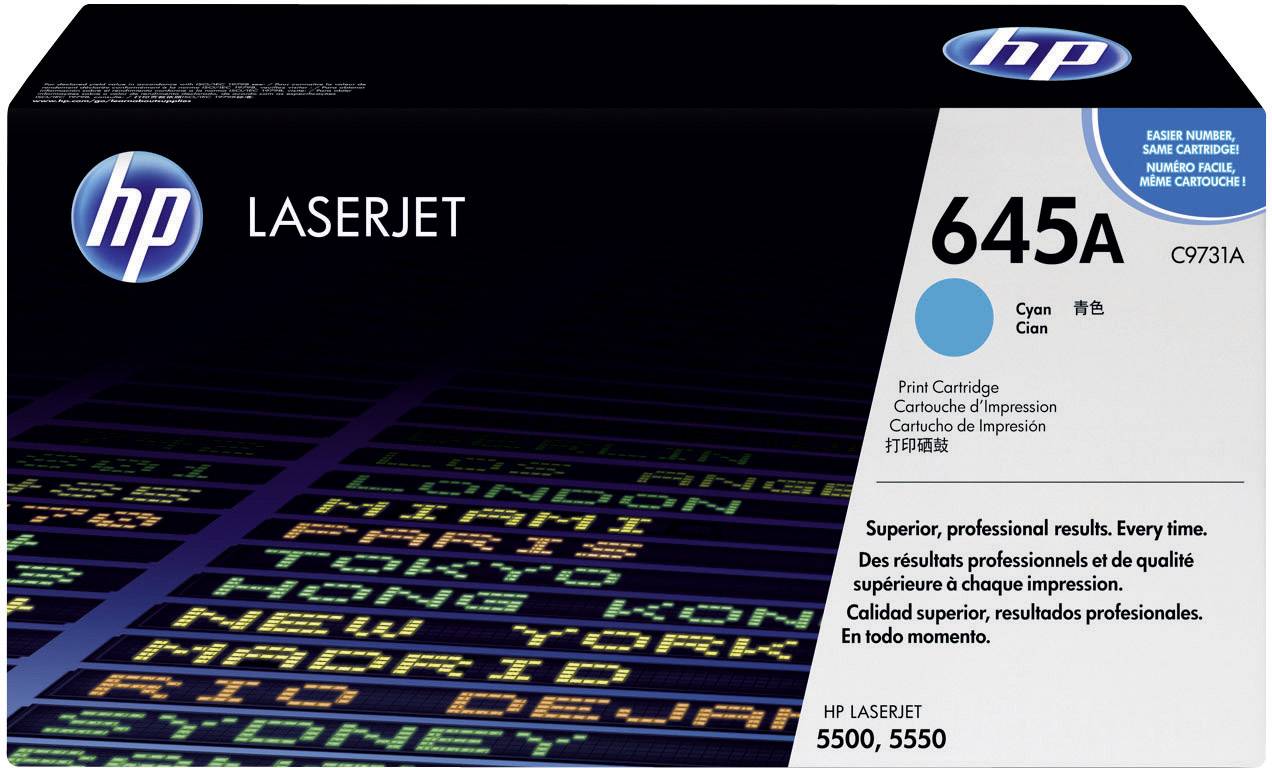 HP LaserJet tintapatron, 645A modell, ciánkék. Több nyelvű termékinformációval ellátott csomagolás.