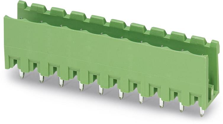 Egy zöld, téglalap alakú elektromos csatlakozó több fémcsappal, amely alkalmas nyomtatott áramköri lap (PCB) szerelésére.