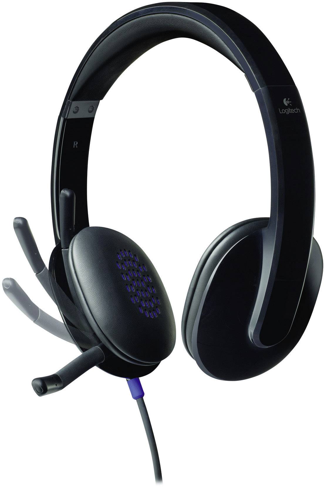 Fekete headset állítható mikrofonkarral, kommunikációhoz és gamereknek tökéletes; megvilágított logó a fülkagylón.