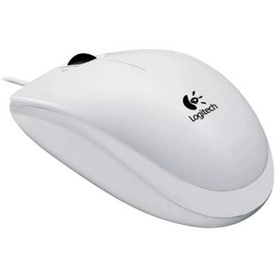Fehér, vezetékes optikai számítógépes egér, amelynek felületén a 'Logitech' logó látható.