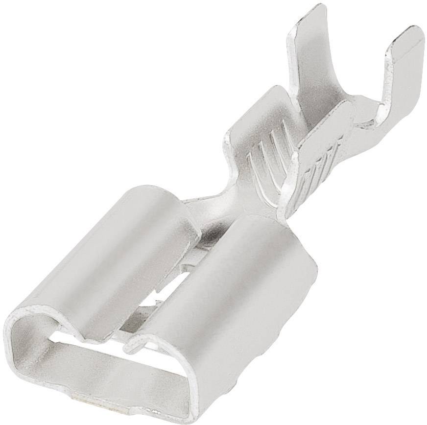 Ezüstös, fémes kábelcsatlakozó (lapos csatlakozó) nyitott végekkel, amelyet egy kábel rögzítésére és elektromos csatlakoztatására használnak.
