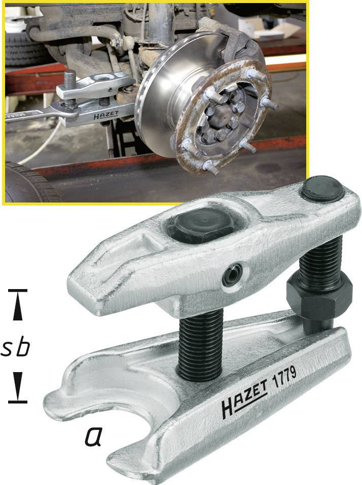 'Fékrendszer alkatrészek lehúzó szerszáma, az ábra mutatja a szerszám működését egy autón, részletezett nézetben. Felirat: HAZET 1779.'