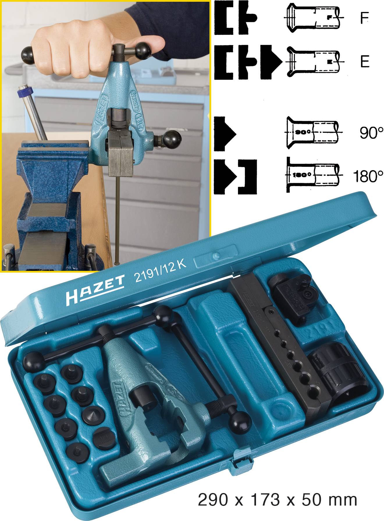 Hajlítóeszköz használatban: Egy kéz tartja az eszközt, amely egy fémcsíkot hajlít. A készlet további alkatrészeket tartalmaz; méret: 290 x 173 x 50 mm.