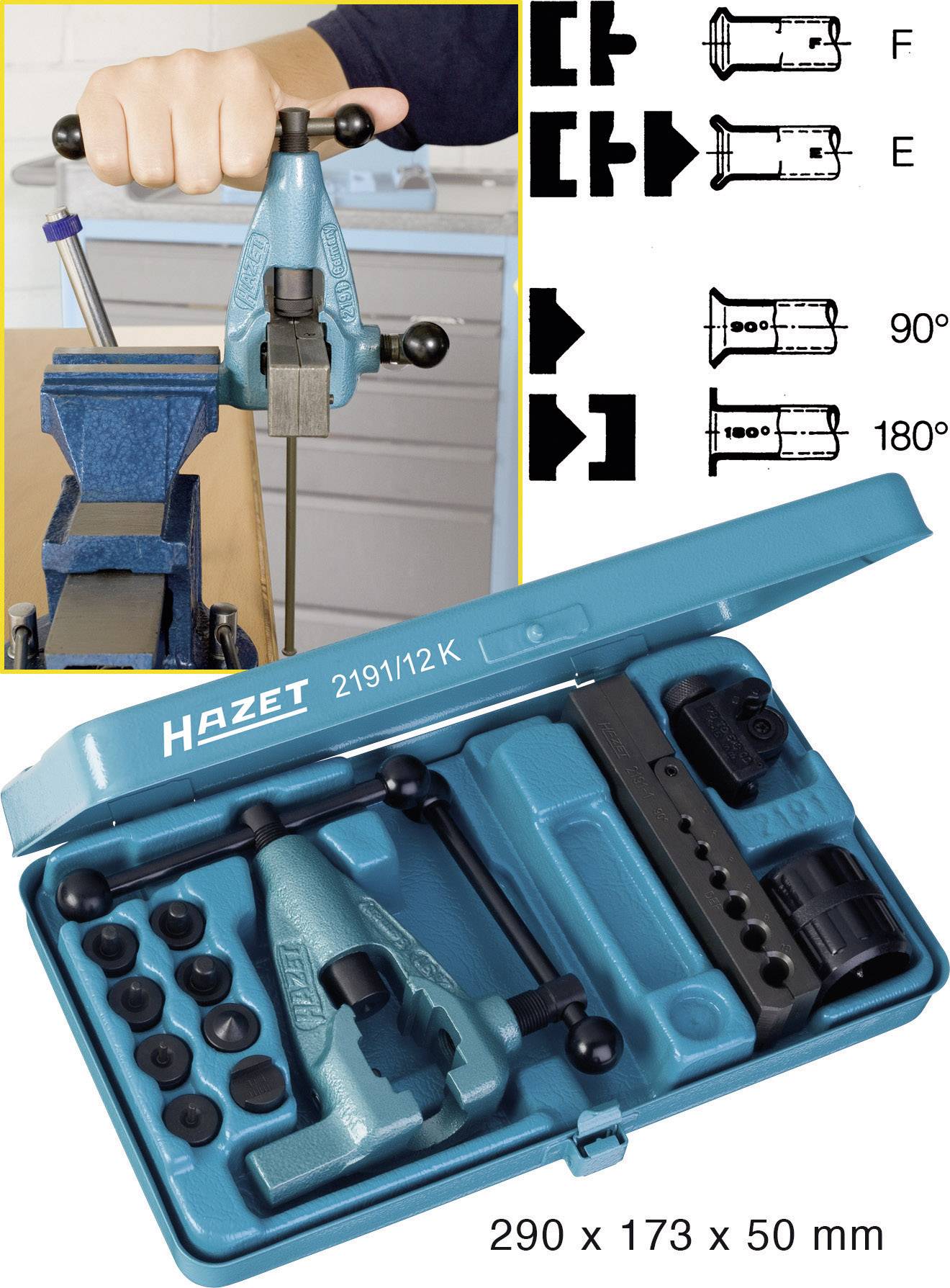Hazet típusú szerszámkészlet csőhajlító készlettel, 2191/12K modell, mellékelve. A használati útmutató bemutatja a csövek 90°-os és 180°-os hajlítását. Méret: 290 x 173 x 50 mm.
