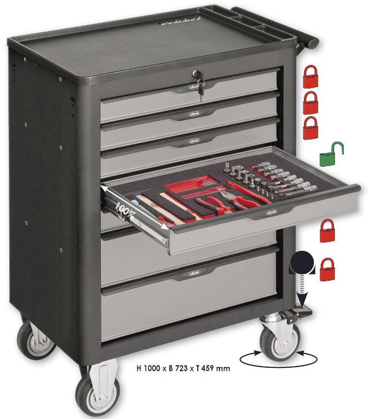 Műhelykocsi 7 fiókkal, 1000 x 723 mm, 72 kg, Vigor 1000 V1901
