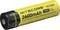 Sárga Nitecore akkumulátor, NL1826 modell, 2600mAh, 3,7V. 18650-as méret, "Újratölthető elem" felirattal, túltöltés elleni védelemmel.