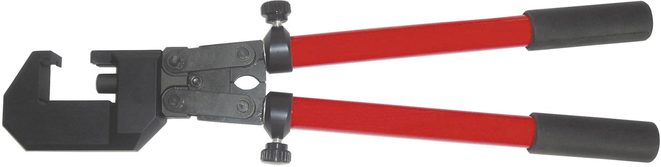 Piros fogantyús kézi présgép, alkalmas kábel- vagy tömlőkötések préseléséhez. Fekete festésű fej.