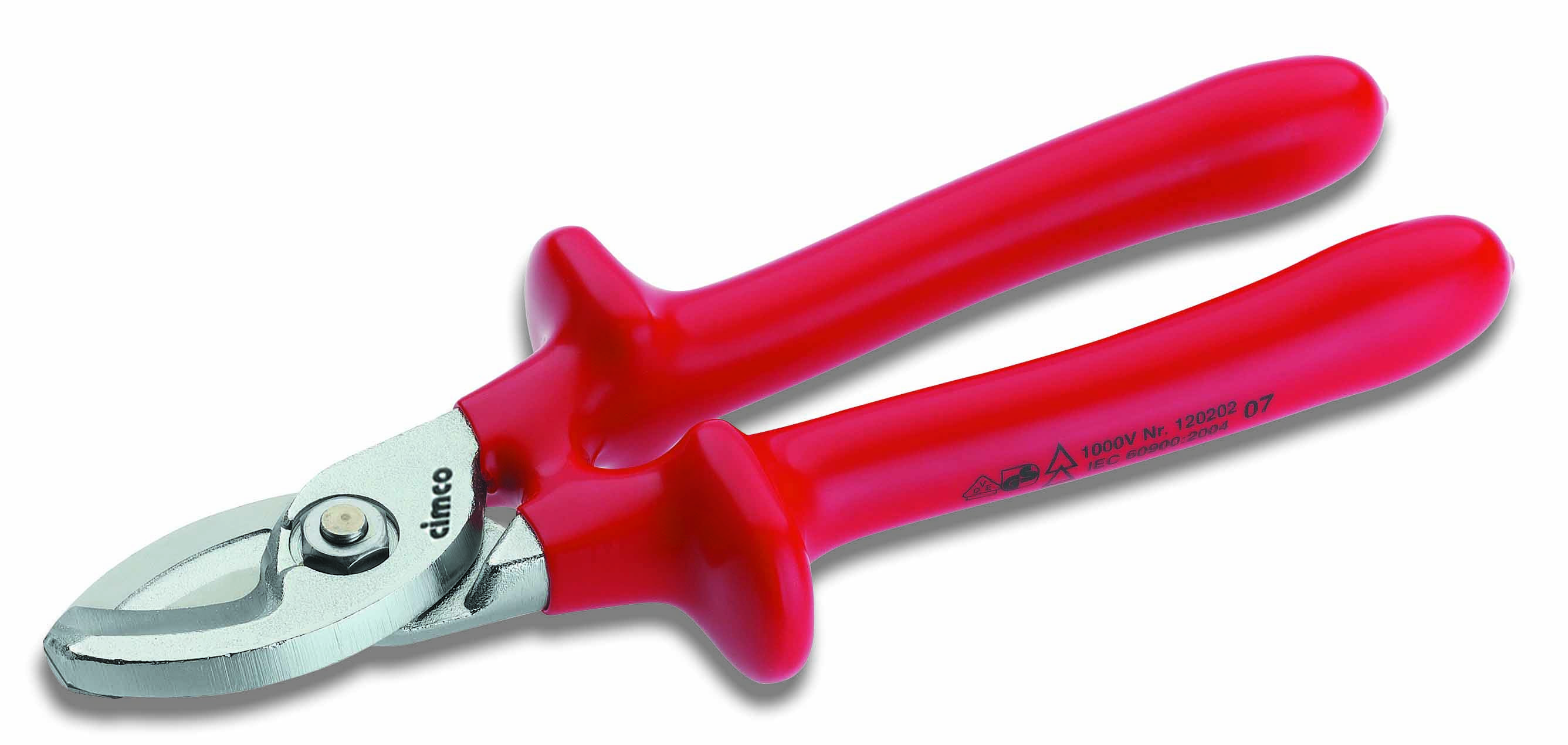 Piros kábelolló szigetelt markolattal, elektromos munkálatokhoz alkalmas, biztonságos és precíz kábelvágáshoz.