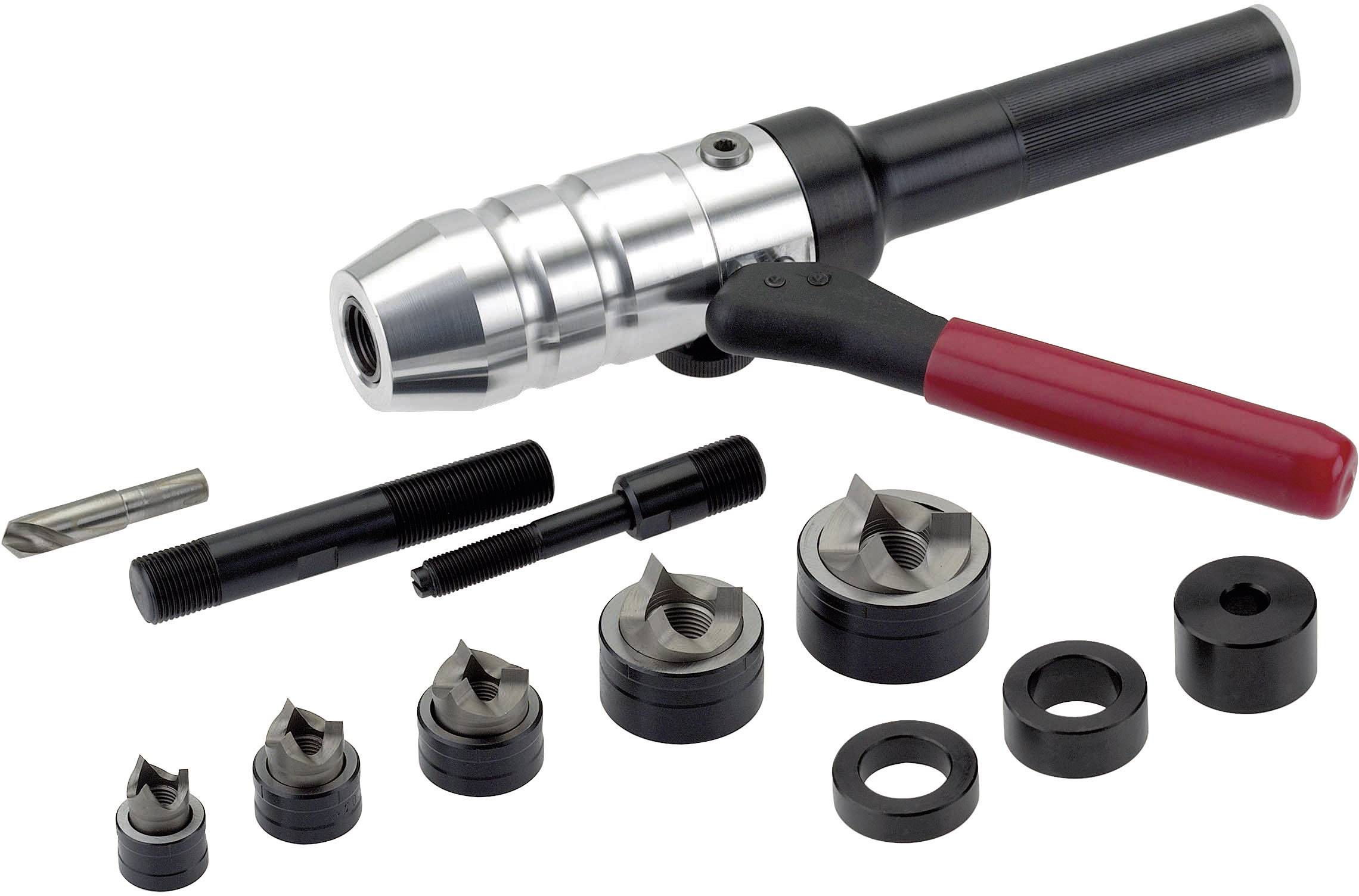 Egy manuális süllyesztő szerszámkészlet ezüstszínű markolattal és különböző méretű fekete és ezüst feltétekkel.