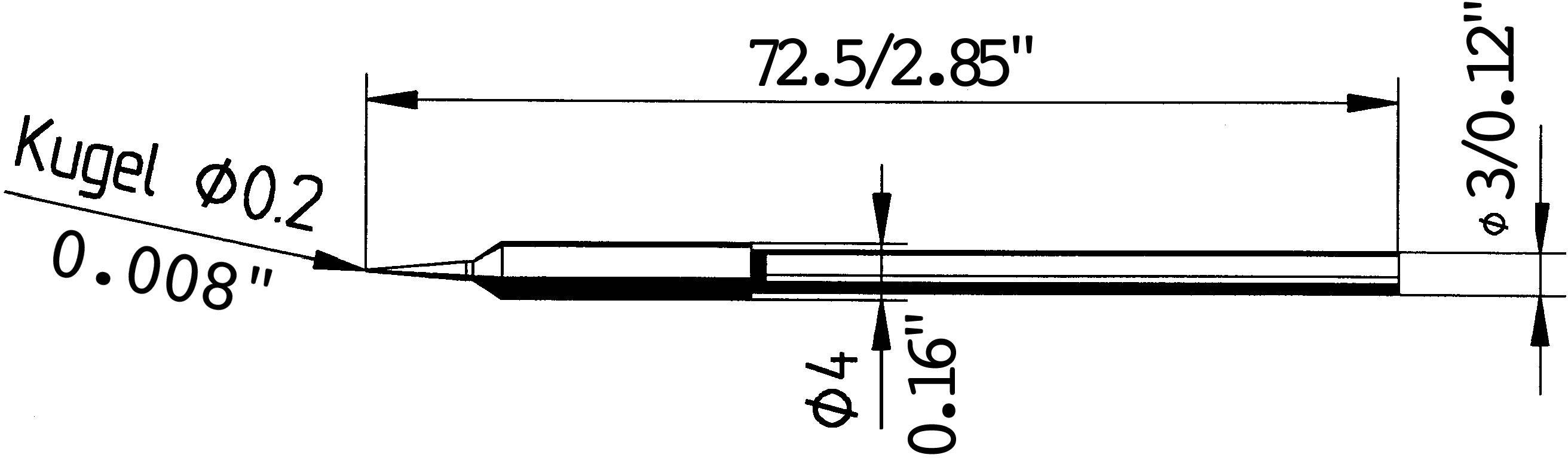 Műszaki rajz egy tollról pontos méretekkel: teljes hosszúság 72,5 mm, golyóátmérő 0,2 mm, egyéb méretekkel.