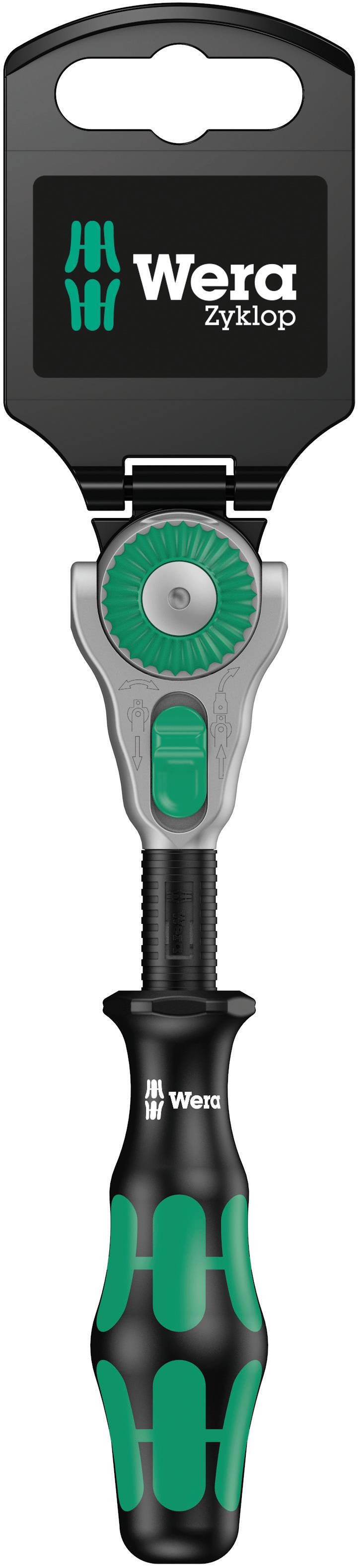 Wera Zyklop racsnis kulcs zöld-fekete fogantyúval és állítható fejjel. Csomagolás, amelyen a logó felül látható.