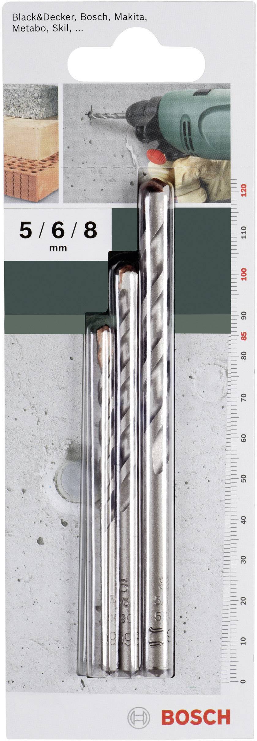 'Három Bosch fúrószár 5/6/8 mm méretben csomagolásban. Alkalmas Black&Decker, Bosch, Makita, Metabo, Skil gépekhez. Illusztráció: fúrógép fal közben.'