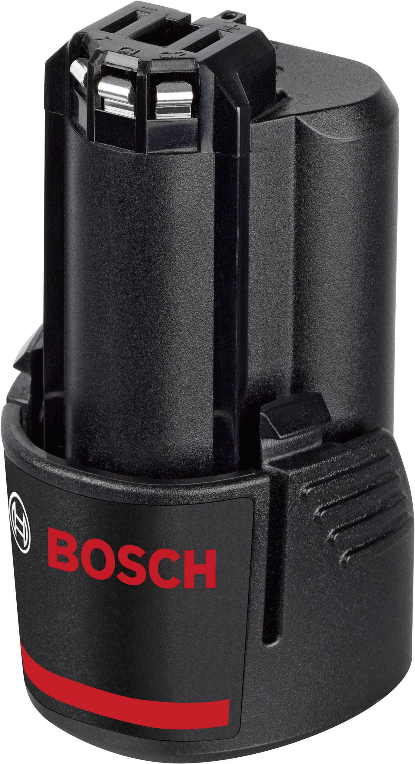 Újratölthető Bosch akkumulátor elektromos szerszámokhoz, hengeres alakú, fekete felülettel és piros Bosch logóval.