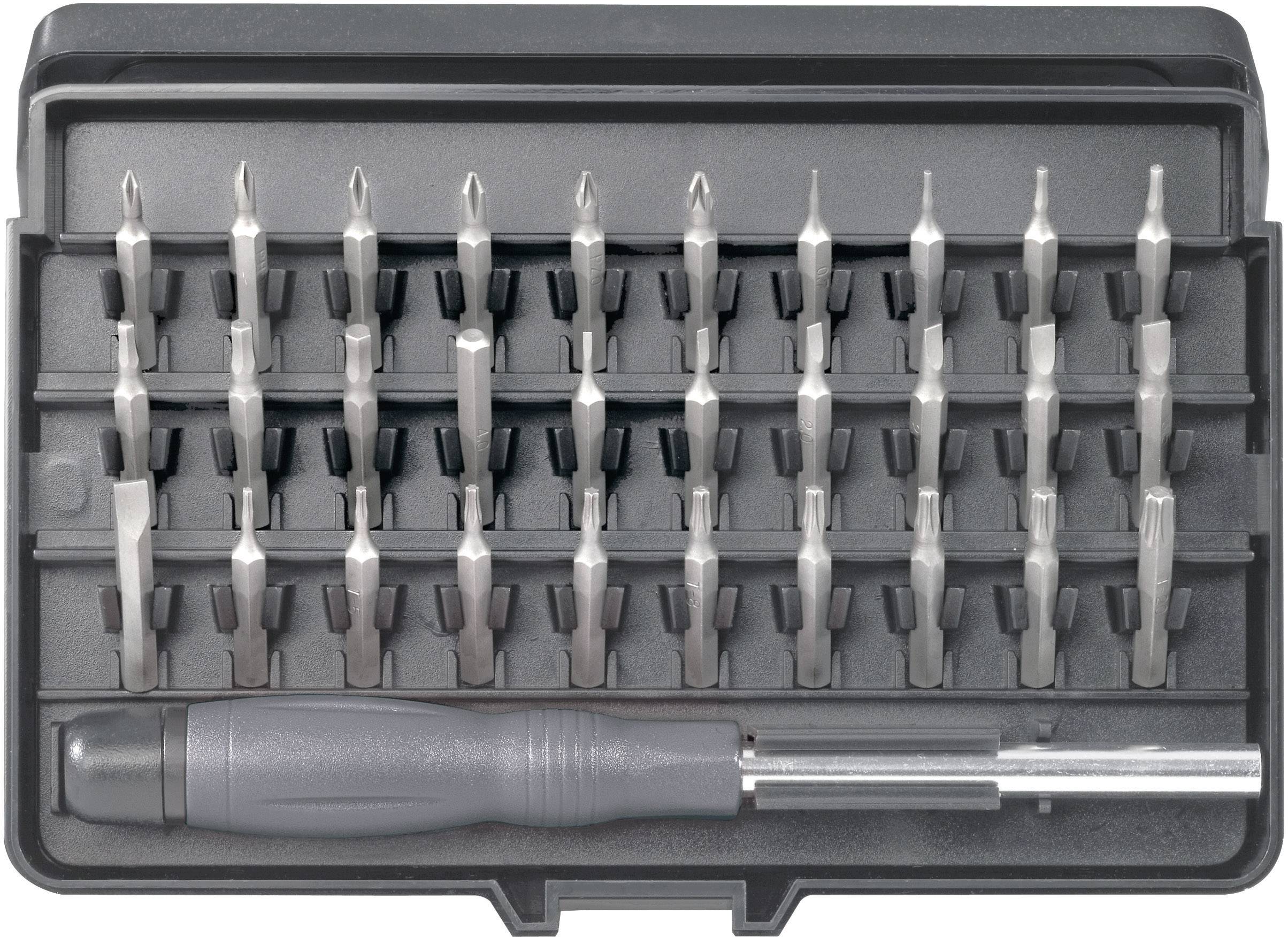 Egy csavarhúzóbetét-készlet fogóval fekete műanyag dobozban; összesen 31 különböző formájú és méretű bit.