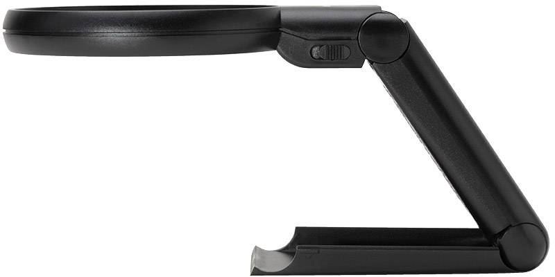 Egy fekete, összehajtható asztali nagyító állítható karral, amely kiváló választás szövegek vagy kisméretű tárgyak nagyításához íróasztalon.