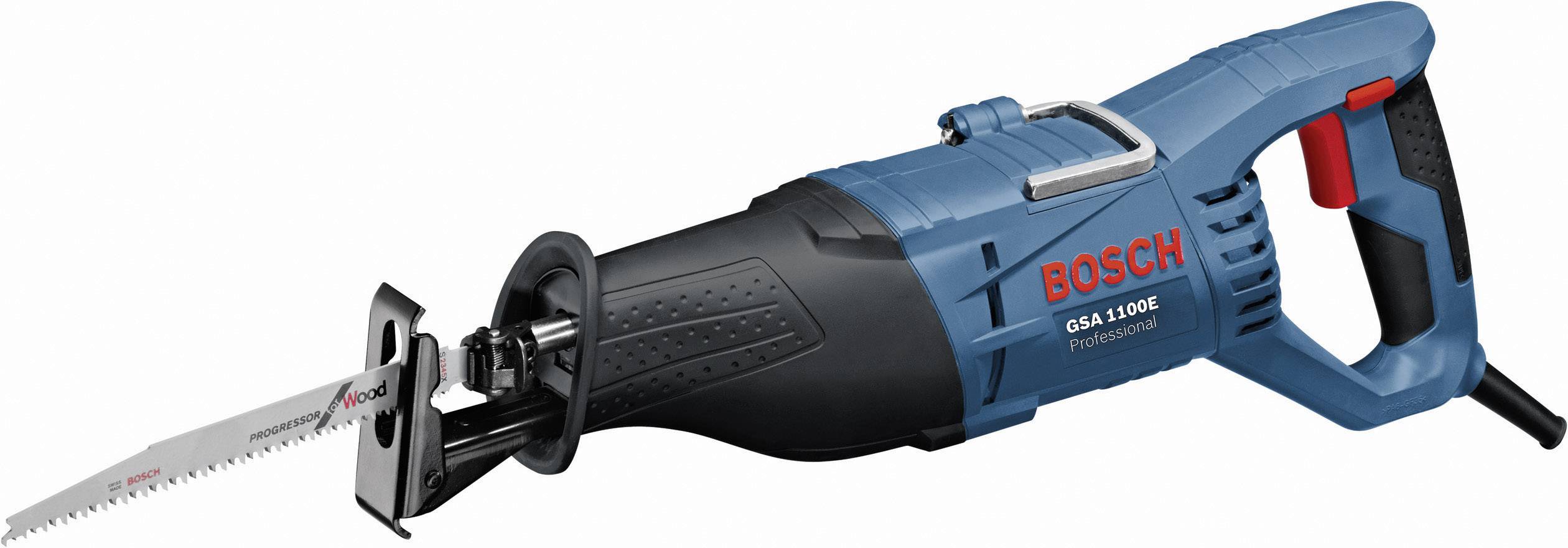 Kék házas, ergonomikus fogantyúval rendelkező elektromos dekopírfűrész, Bosch márka, 'GSA 1100 E' modellszám, fehér háttérrel.