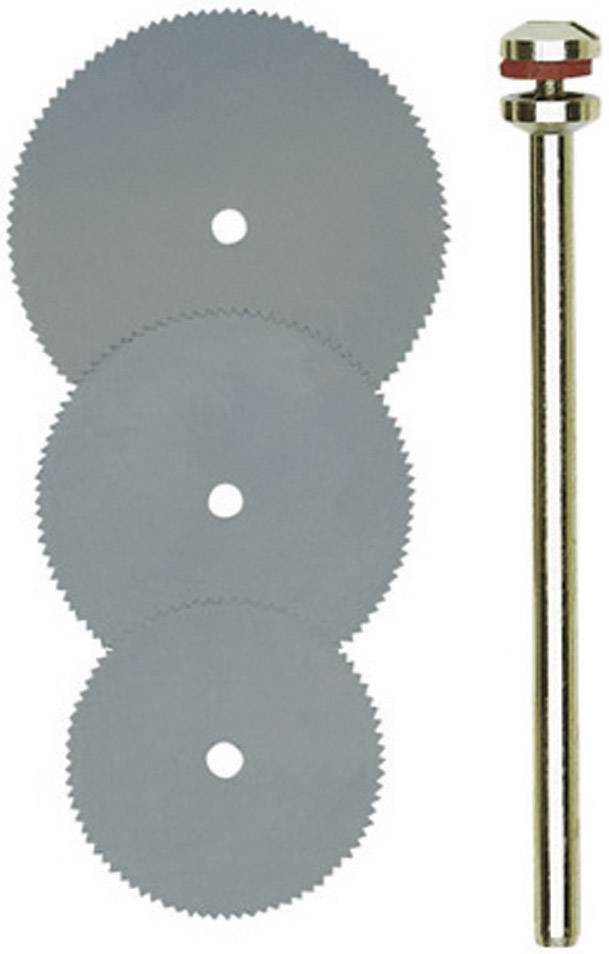 Három, méretében csökkenő kör alakú fűrészlap egy hosszú, keskeny fémrúd mellett.