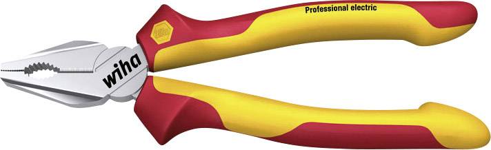 Egy piros és sárga fogó "Wiha Professional electric" felirattal, elektromos munkákhoz alkalmas.