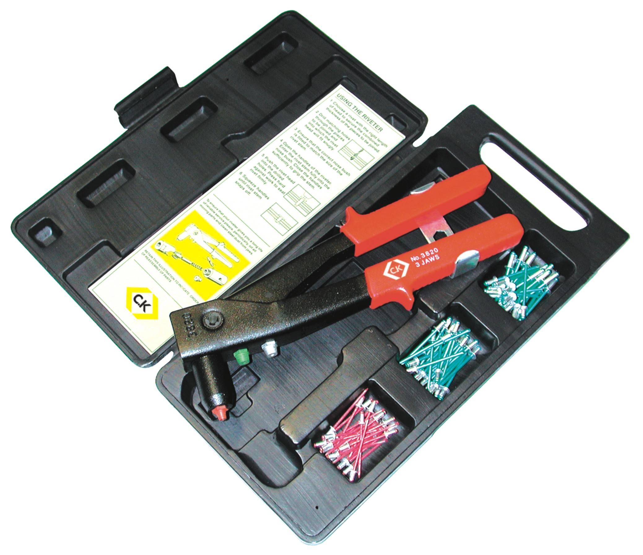 C.K. Popszegecs fogók, egyenként 25 db 3,15 mm rövid, 4 mm rövid és 4,8 mm középhosszú szegeccsel T3820AS