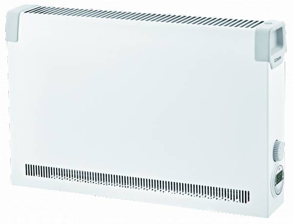 Egy fehér elektromos fűtőtest szellőzőnyílásokkal felül és alul, vezérlőgombbal a jobb oldalán.
