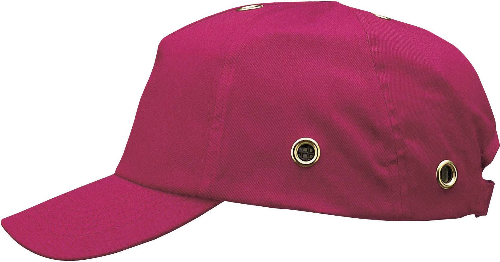 Egy piros baseball sapka arany fémkarikákkal az oldalán, látható logó vagy minta nélkül.