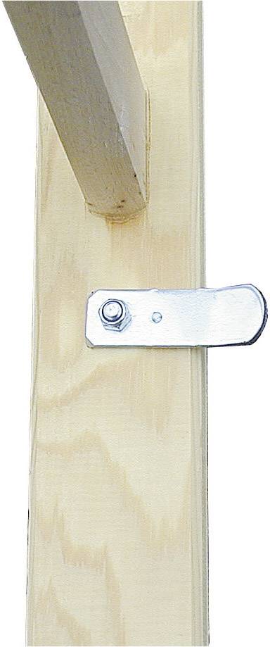 Fémbilinccsel és csavarral rögzített faléc-kapcsolat, amely egy faszerkezeti elemen mutatja a rögzítési technikát.