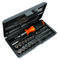 Csavarhúzó készlet különféle bitekkel és dugókulcsokkal fekete műanyag hordtáskában.