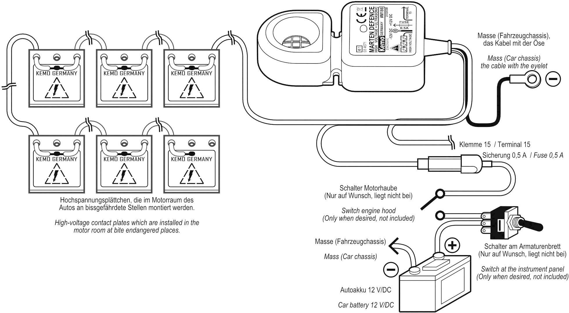 Figyelmeztető címke: Nagyfeszültségű vezetékek, csak a motortérben telepíthetők. A rendszer egy gépjármű zavarszűrő áramkörének kapcsolási rajzát mutatja.