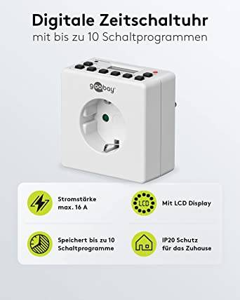 Digitális heti időkapcsoló óra konnektorba, 3500W, 10 program, IP20, Goobay 93256-1