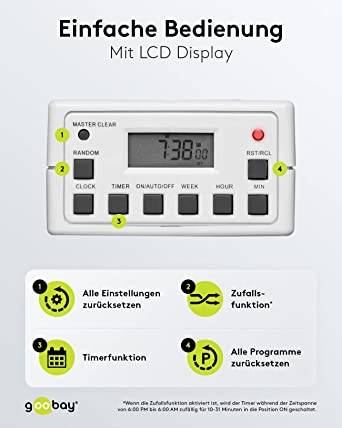 Digitális heti időkapcsoló óra konnektorba, 3500W, 10 program, IP20, Goobay 93256-3