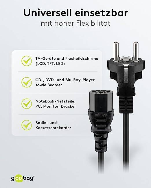 3 pólusú hálózati tápkábel pc-hez [230V földelt dugó - C13 csatlakozó aljzat] 2m fekete színű Goobay NE3-KG/GG2-3