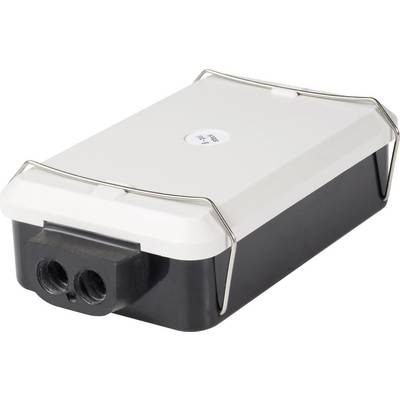 Egy téglalap alakú, fekete-fehér doboz két kábelbevezető nyílással; valószínűleg elektrotechnikai vagy szerelési célokra alkalmas.