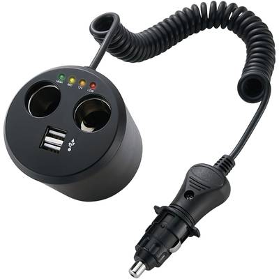 Egy fekete autós cigarettagyújtó adapter két USB-porttal és két dugaljjal. LED-kijelzőkkel és spirál kábellel rendelkezik.