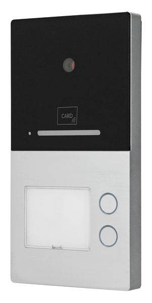 Fekete-ezüst kaputelefon kamerával és kártyaérzékelővel. Két programozható gomb található lent jobbra.