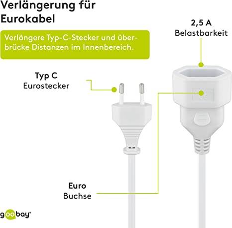 Euro dugós hálózati hosszabbítókábel, fehér, 5 m, H03VVH2-F 2 x 0,75 mm², Goobay-2