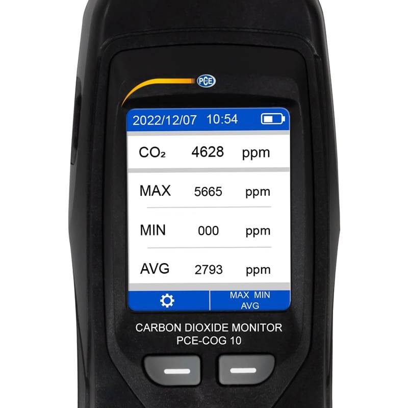 PCE Instruments CO2 mérő 0 - 9999 ppm Hőmérsékletmérő funkcióval, Adatgyűjtő funkcióval, USB csatlakozóval Kalibráció Gy-1