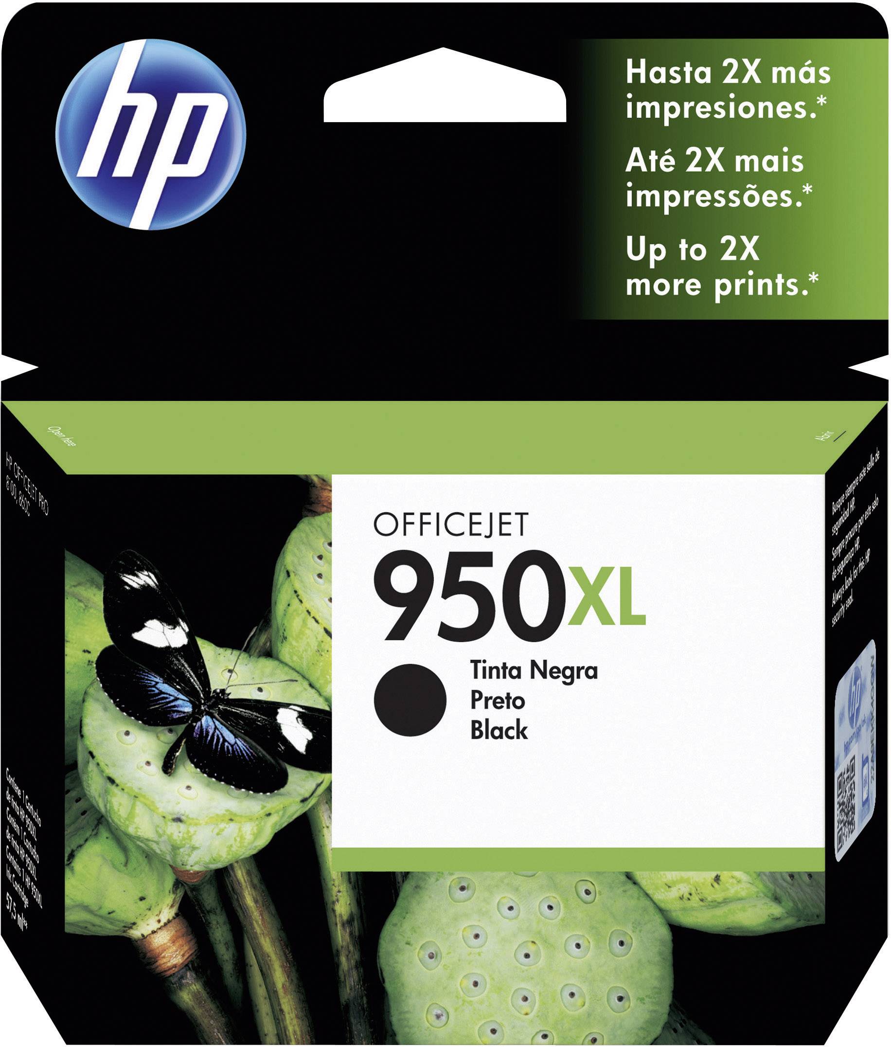'HP OfficeJet 950XL' nyomtatópatron, fekete tinta. Csomagolás egy zöld leveleken lévő pillangó motívumot ábrázoló képpel.