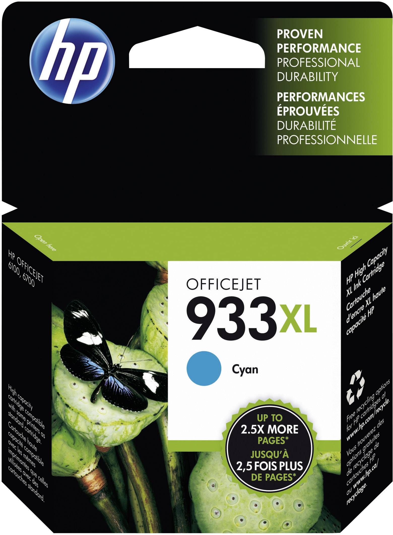 HP 933XL tintapatron ciánkék színben, csomagolva. 'Akár 2,5-szer több oldal' reklámszöveg szerepel rajta. Tartalmaz egy képet egy pillangóról növényeken.