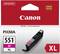 Canon PIXMA 551 M XL magenta tintapatron kartonja. Felül a Canon logó. A csomagolás bemutatja a tintapatront és a termék részleteit.